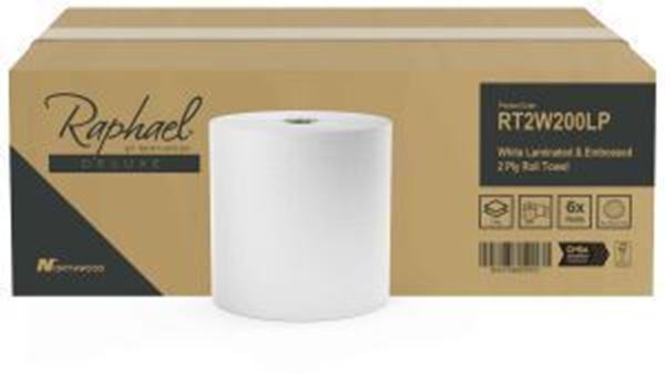 Raphael 1ply Embossed Towel Rolls 6x200m - White Recycled Fibre