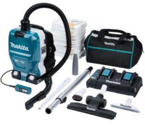 Picture of Makita DVC261TX25 Back Pack Vac kit c/w 2 x 5ah Battery, Fast twin Charger, Sash Nozzle, Upholstry nozzle, Round brush, Carry bag & 5x10 Filter Bags