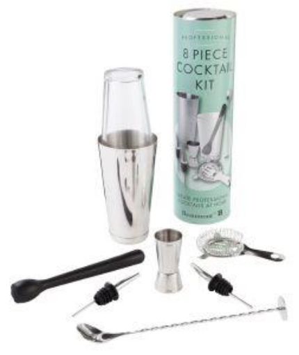 Picture of Professional 8 Piece Cocktail Kit (inc. Muddler, 2x Pourers, Jigger, Strainer, Boston Can, Boston Glass, Spoon/Masher)